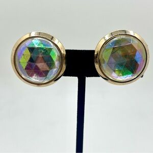 Vintage Bergere Aurora Borealis Dome Clip Earrings Gold Tone